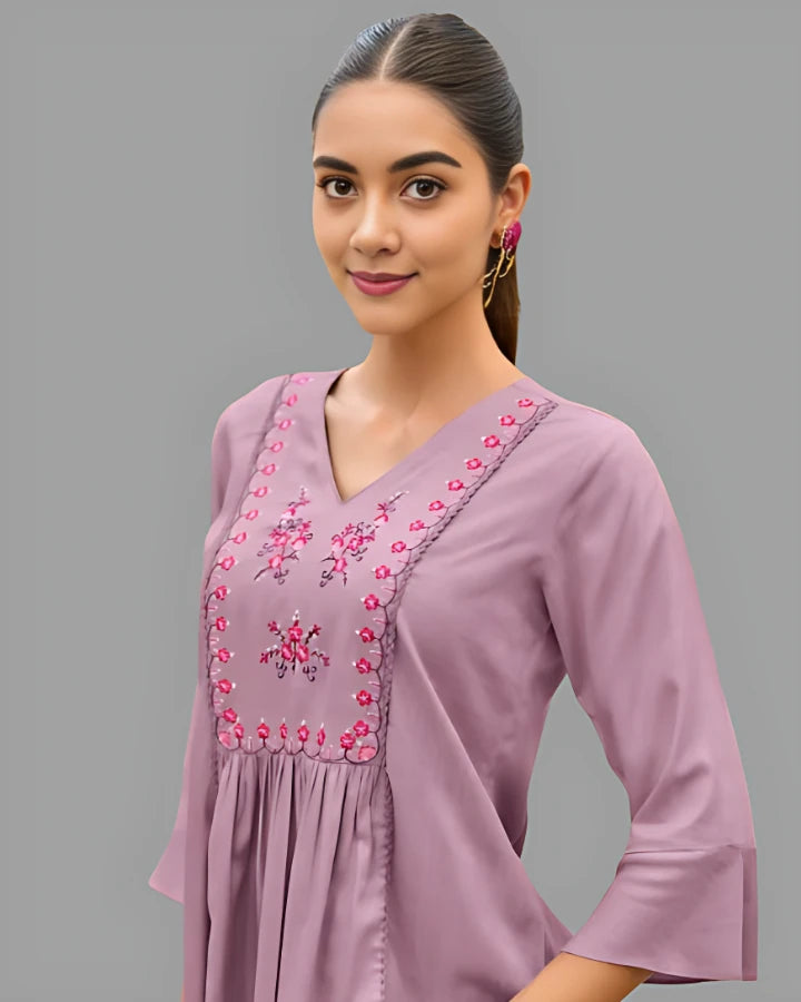 Indubalaa Baby Pink Embroidered Viscose Rayon Short Kurti
