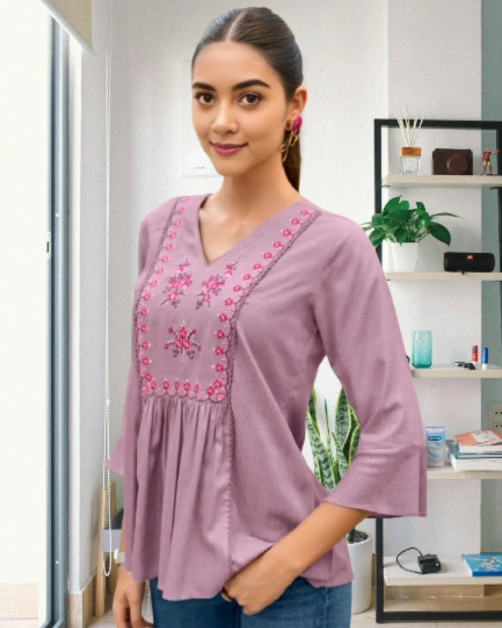 Indubalaa Baby Pink Embroidered Viscose Rayon Short Kurti