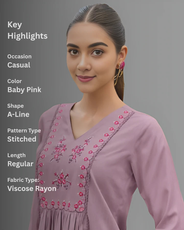 Indubalaa Baby Pink Embroidered Viscose Rayon Short Kurti