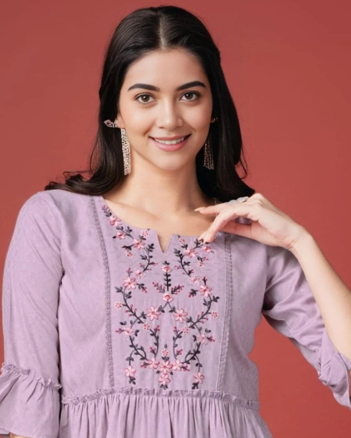 Indubalaa Baby Pink Embroidered Viscose Rayon Short Kurti