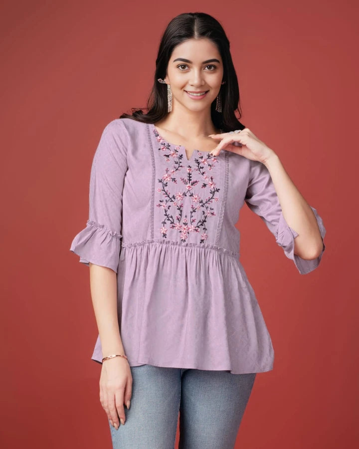 Indubalaa Baby Pink Embroidered Viscose Rayon Short Kurti