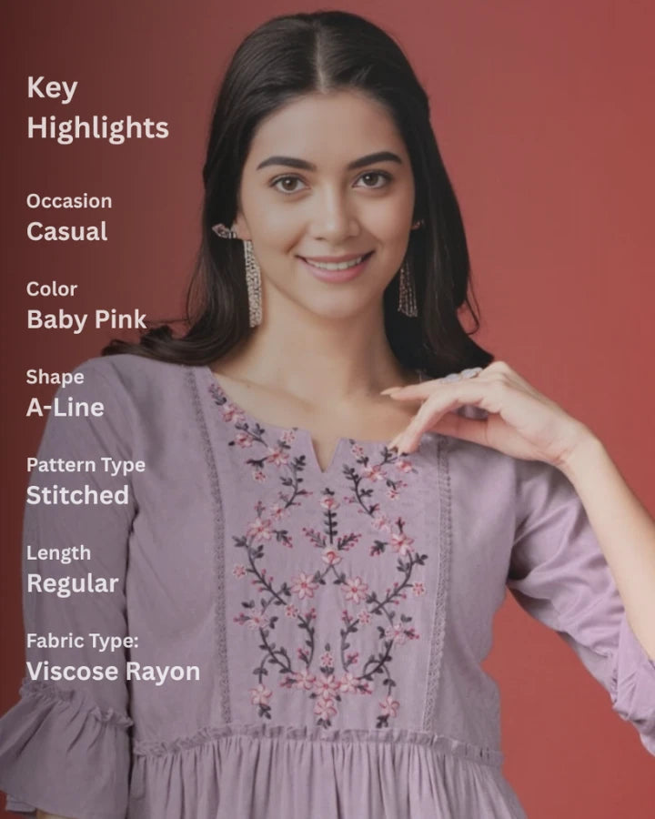 Indubalaa Baby Pink Embroidered Viscose Rayon Short Kurti