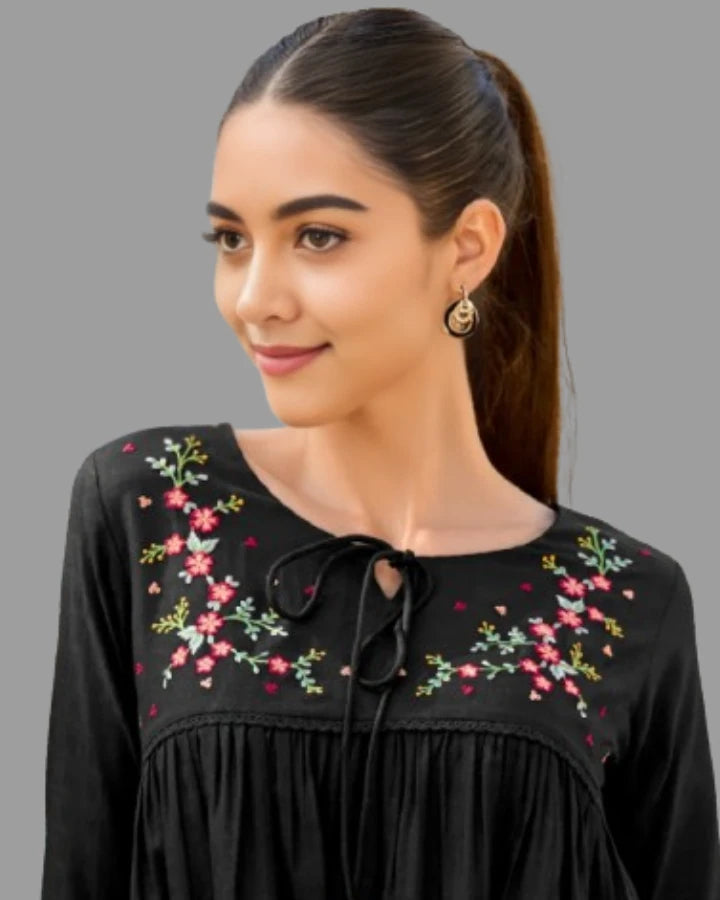Indubalaa Black Embroidered Viscose Rayon Short Kurti