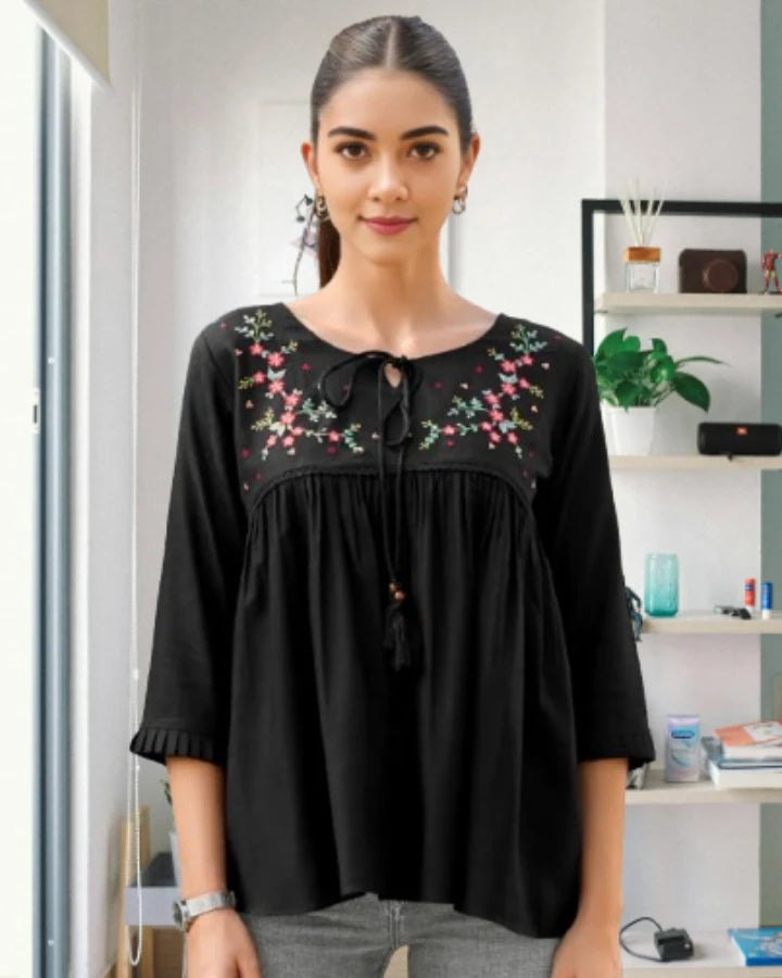 Indubalaa Black Embroidered Viscose Rayon Short Kurti