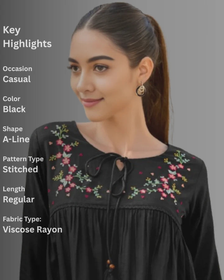 Indubalaa Black Embroidered Viscose Rayon Short Kurti