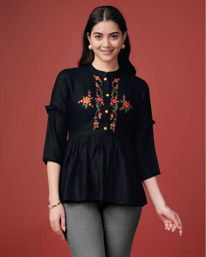 Indubalaa Black Embroidered Viscose Rayon Short Kurti with Mandarin Collar