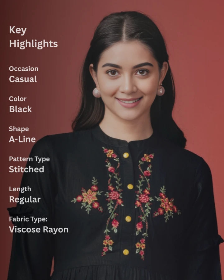 Indubalaa Black Embroidered Viscose Rayon Short Kurti with Mandarin Collar