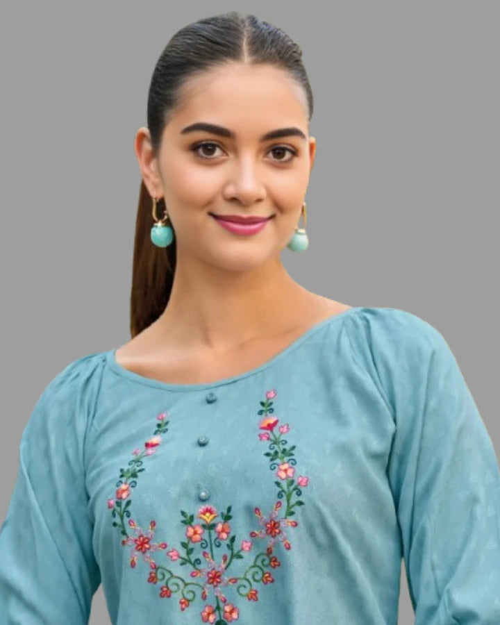 Indubalaa Blue Embroidered Viscose Rayon Short Kurti