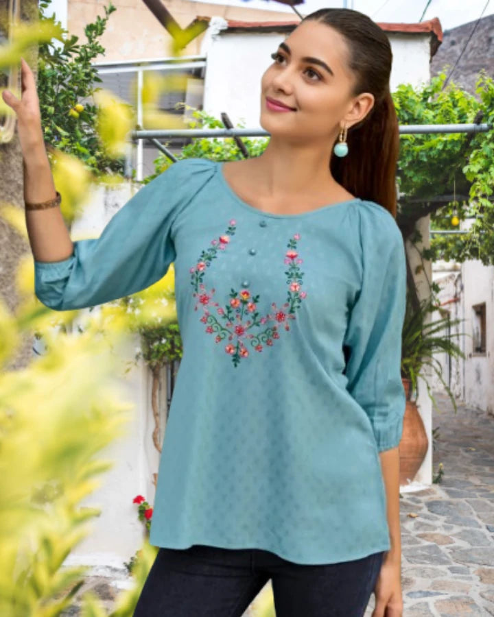 Indubalaa Blue Embroidered Viscose Rayon Short Kurti