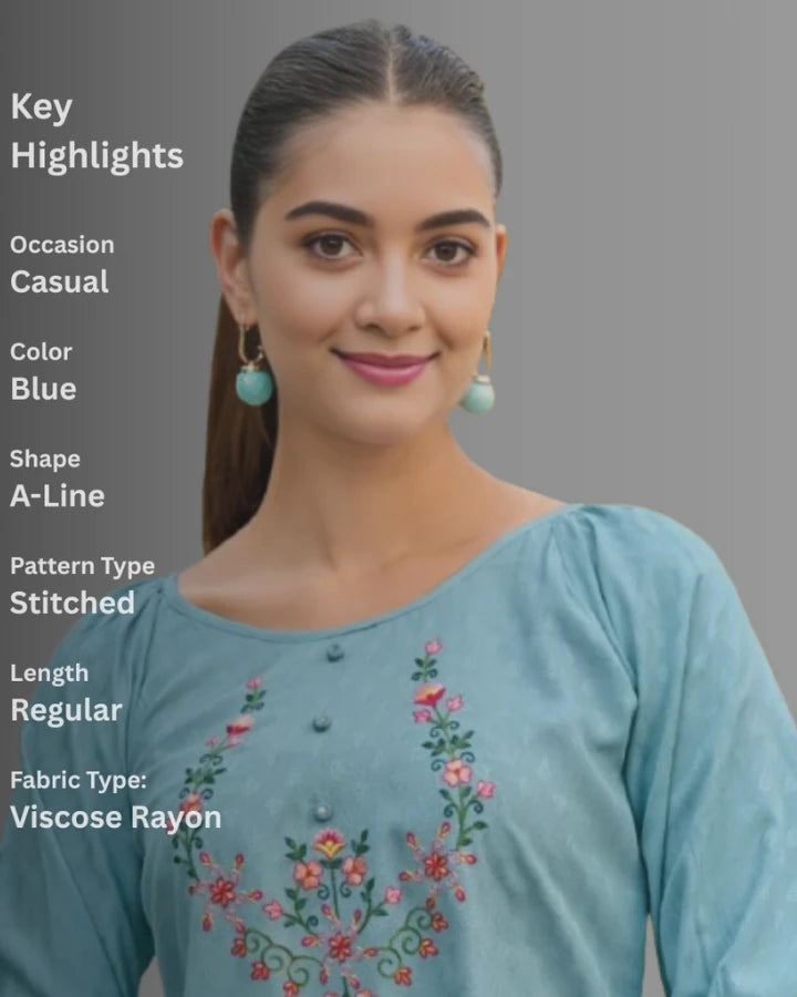 Indubalaa Blue Embroidered Viscose Rayon Short Kurti