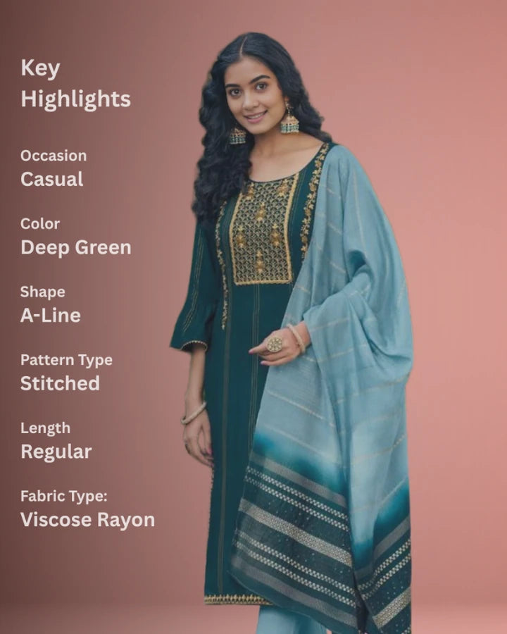 Indubalaa Deep Green Embroidered Viscose Rayon Kurti Set