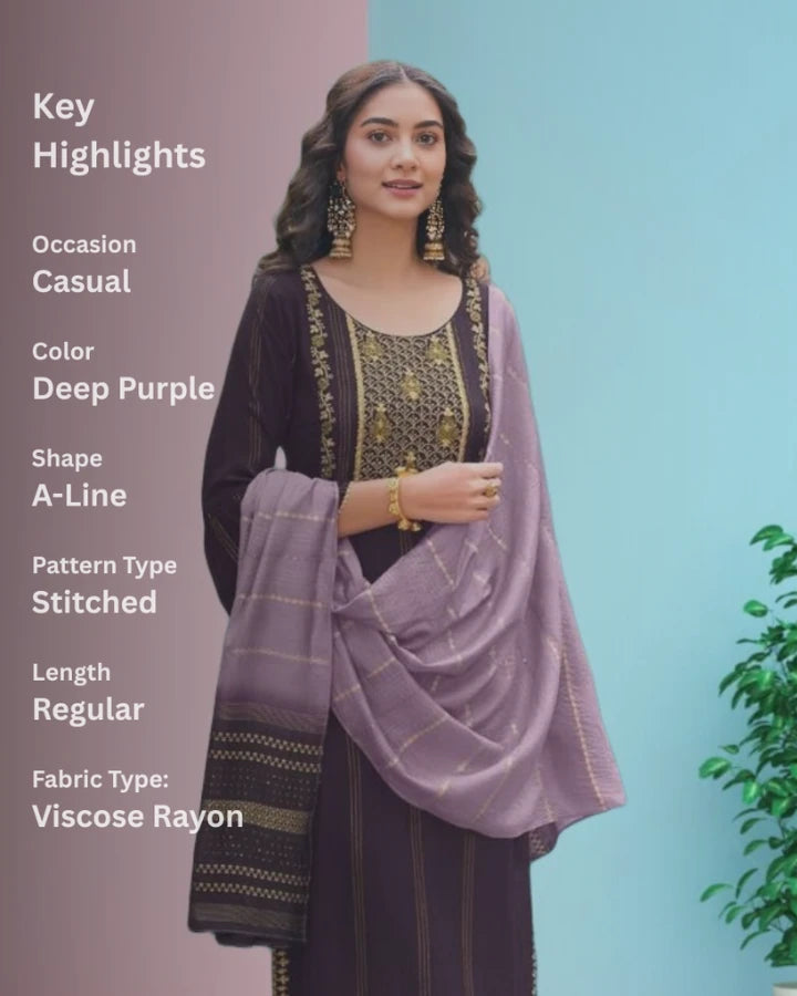 Indubalaa Deep Purple Embroidered Viscose Rayon Kurti Set