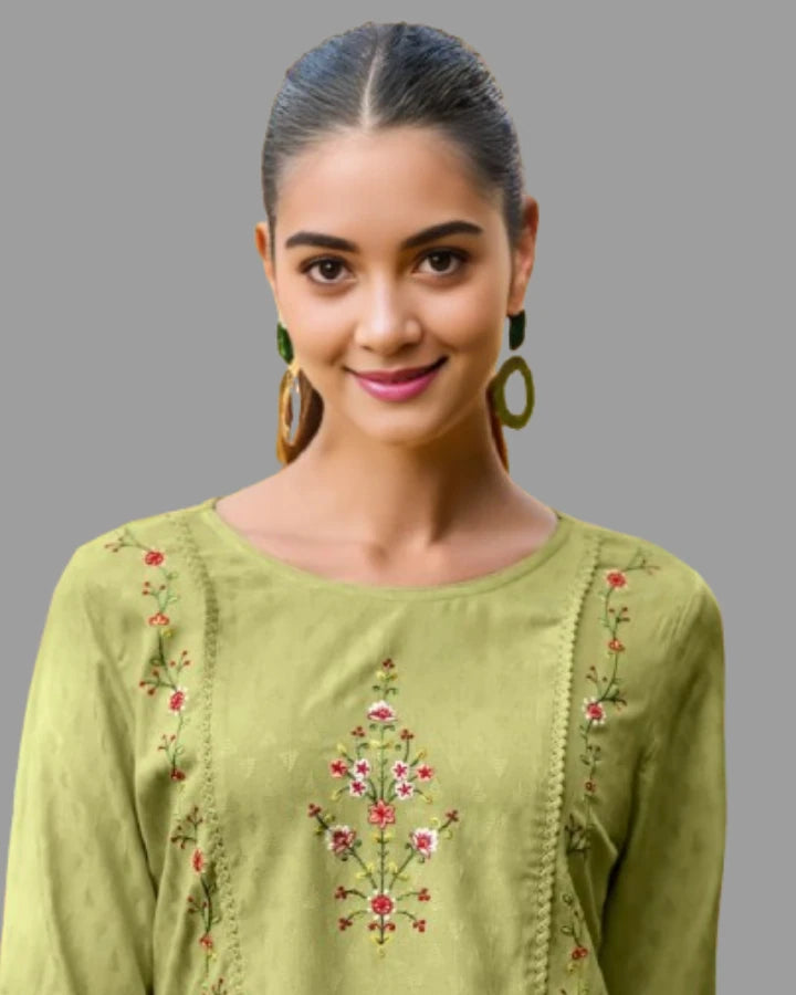 Indubalaa Light Green Embroidered Viscose Rayon Short Kurti