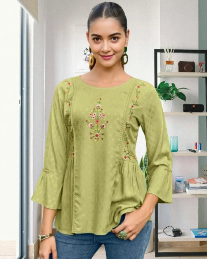 Indubalaa Light Green Embroidered Viscose Rayon Short Kurti