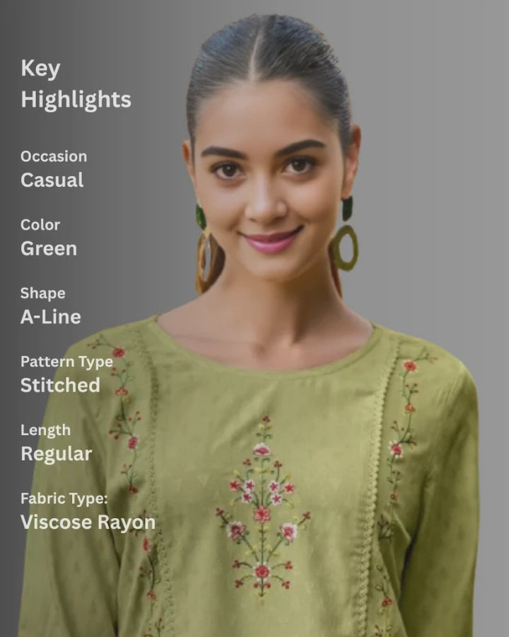 Indubalaa Light Green Embroidered Viscose Rayon Short Kurti