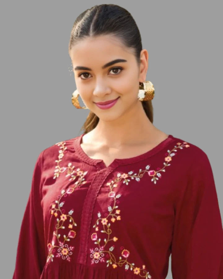 Indubalaa Maroon Embroidered Viscose Rayon Short Kurti
