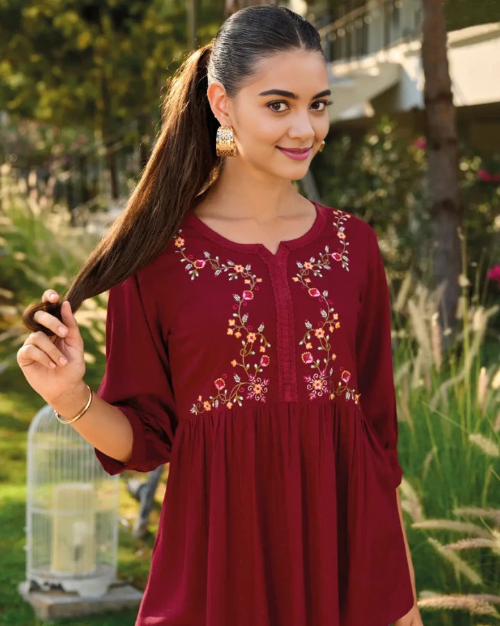 Indubalaa Maroon Embroidered Viscose Rayon Short Kurti
