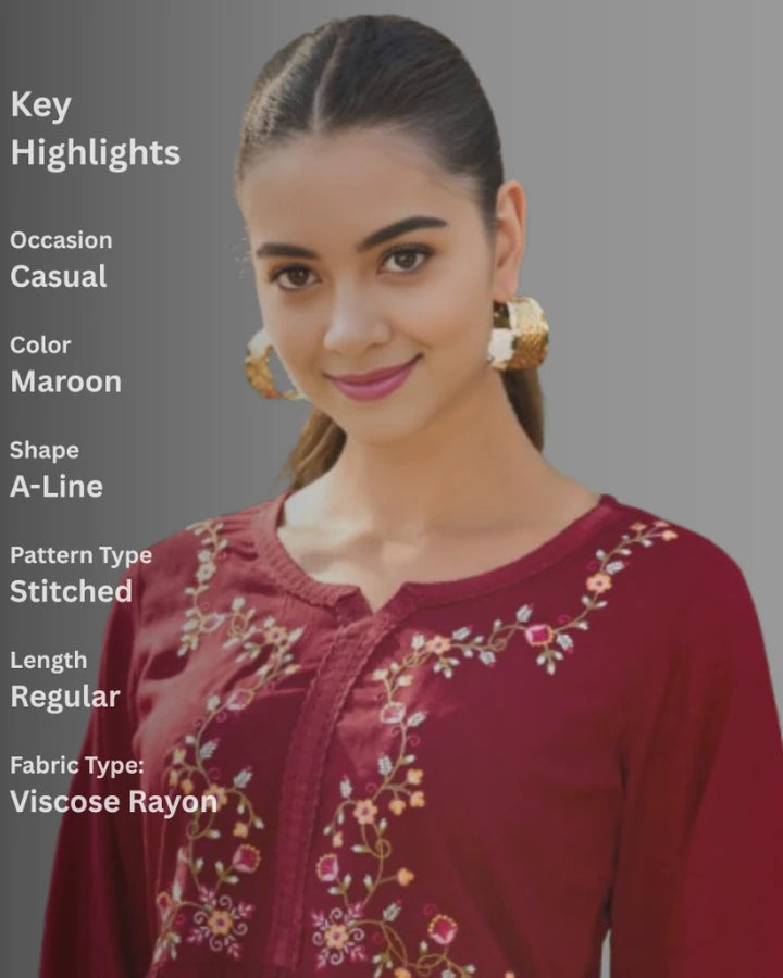 Indubalaa Maroon Embroidered Viscose Rayon Short Kurti