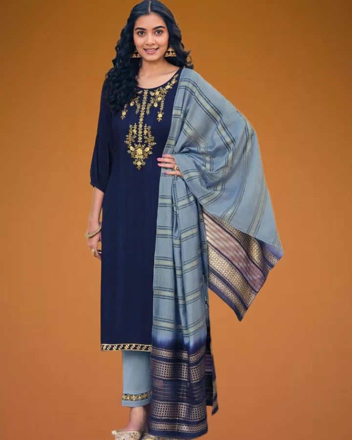 Indubalaa Navy Blue Embroidered Viscose Rayon Kurti Set