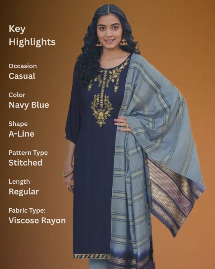 Indubalaa Navy Blue Embroidered Viscose Rayon Kurti Set