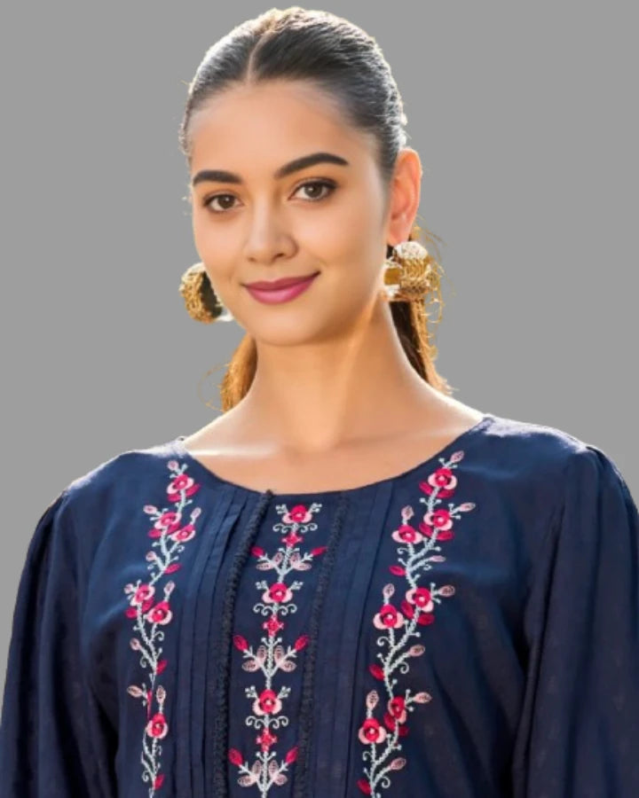 Indubalaa Navy Embroidered Viscose Rayon Short Kurti