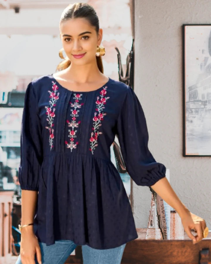 Indubalaa Navy Embroidered Viscose Rayon Short Kurti