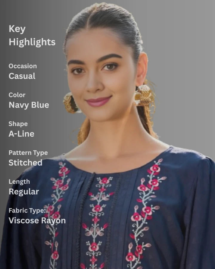 Indubalaa Navy Embroidered Viscose Rayon Short Kurti