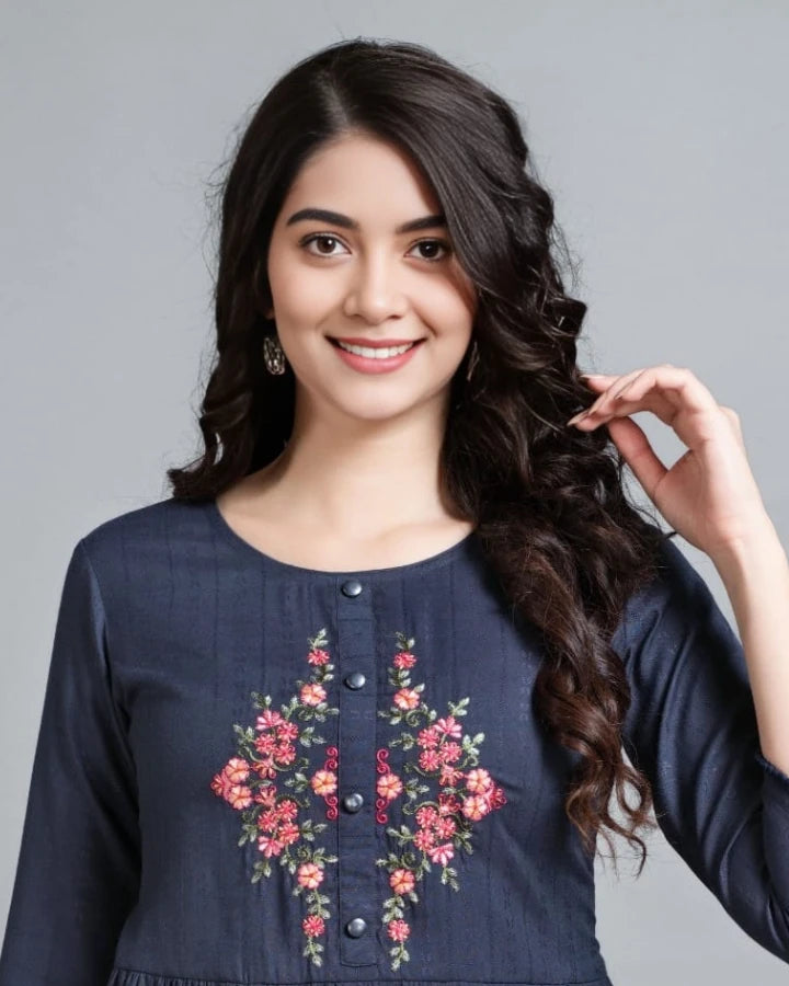 Indubalaa Blue Embroidered Viscose Rayon Short Kurti
