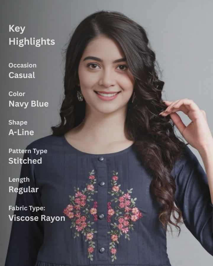 Indubalaa Blue Embroidered Viscose Rayon Short Kurti