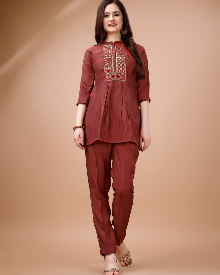 Indubalaa Reddish Brown Embroidered Viscose Rayon Co-ord Set with Mandarin Collar