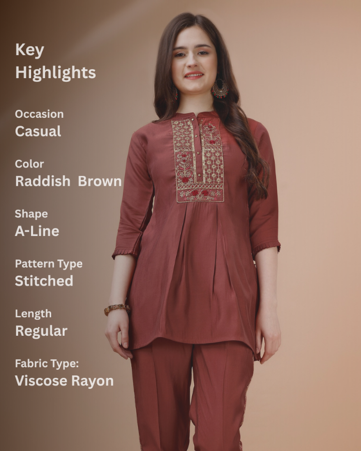 Indubalaa Reddish Brown Embroidered Viscose Rayon Co-ord Set with Mandarin Collar