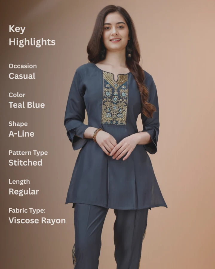 Indubalaa Teal Blue Embroidered Viscose Rayon Co-ord Set