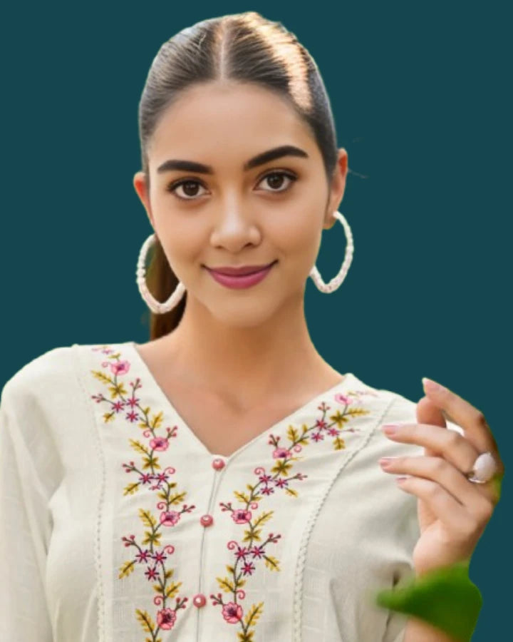Indubalaa White Embroidered Viscose Rayon Short Kurti