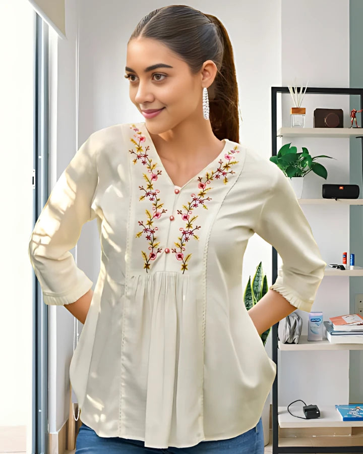 Indubalaa White Embroidered Viscose Rayon Short Kurti