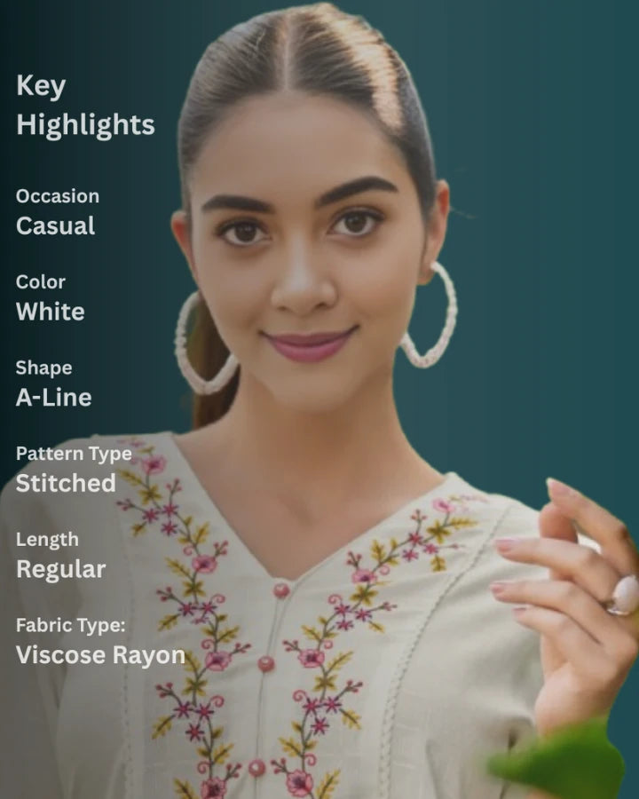 Indubalaa White Embroidered Viscose Rayon Short Kurti