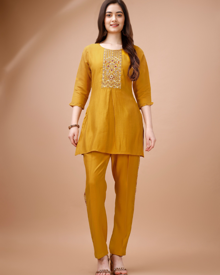 Indubalaa Yellow Embroidered Viscose Rayon Co-ord Set