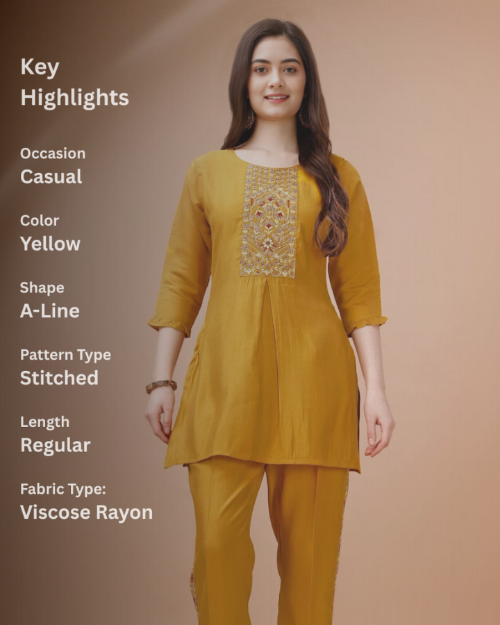 Indubalaa Yellow Embroidered Viscose Rayon Co-ord Set