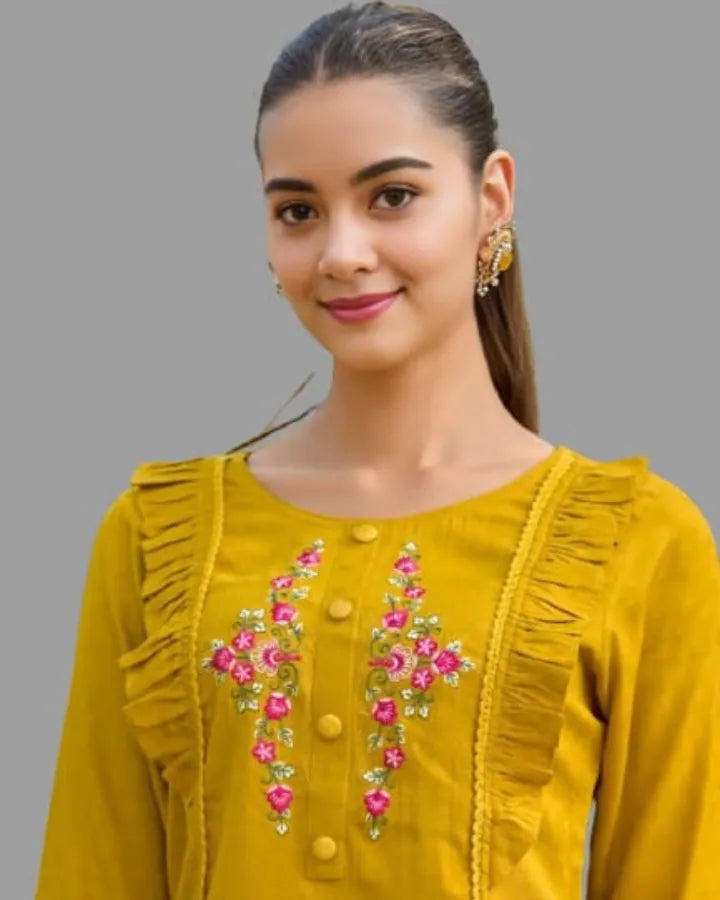 Indubalaa Yellow Embroidered Viscose Rayon Short Kurti