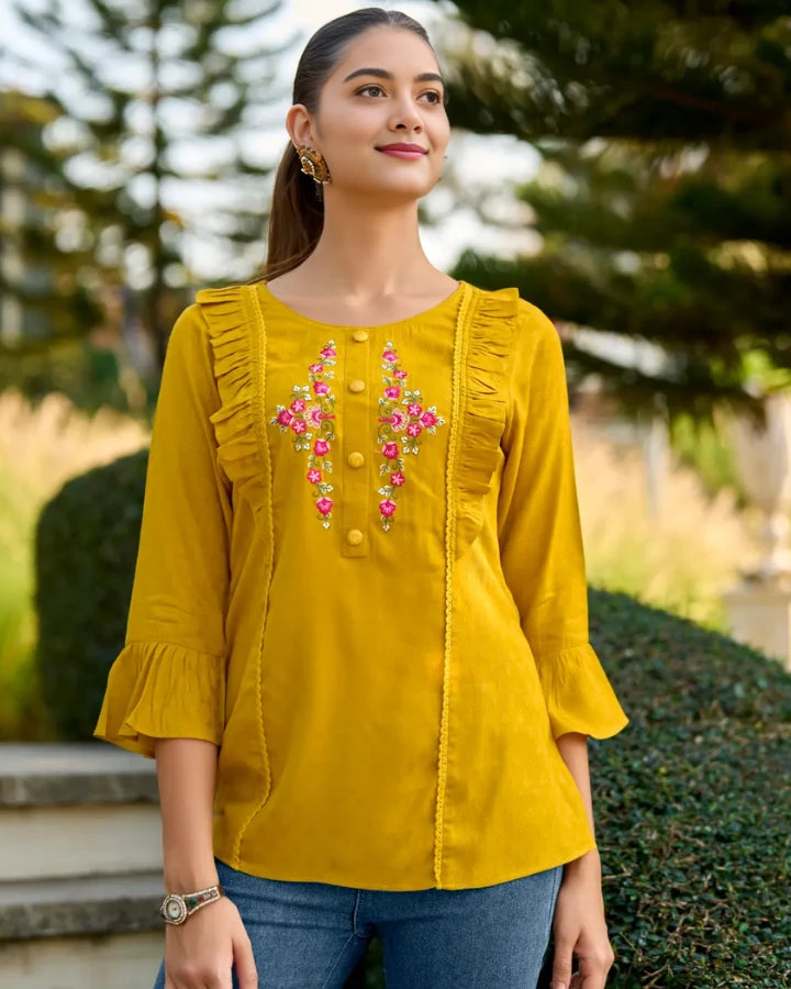 Indubalaa Yellow Embroidered Viscose Rayon Short Kurti