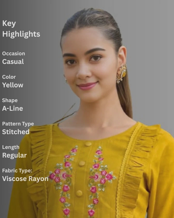 Indubalaa Yellow Embroidered Viscose Rayon Short Kurti